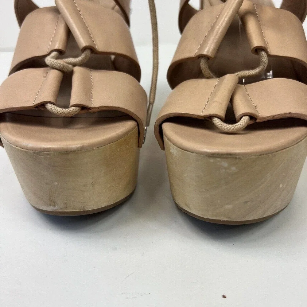 Loeffler Randall Ines Nude Lace Up Platform Wood Heel Sandals 9 Gladiator